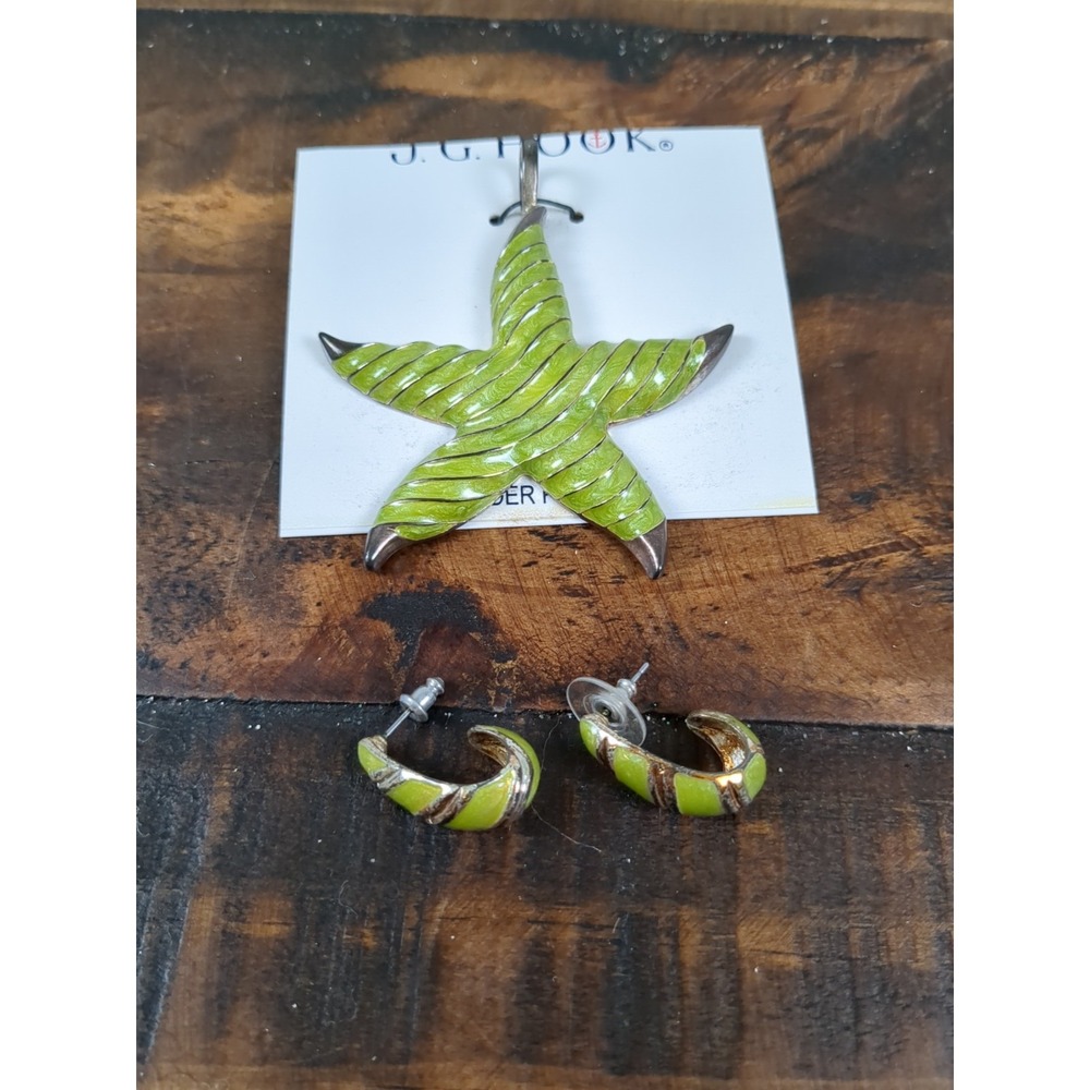 J G Hook‎ Large Green Starfish Necklace Pendant w Matching Earrings